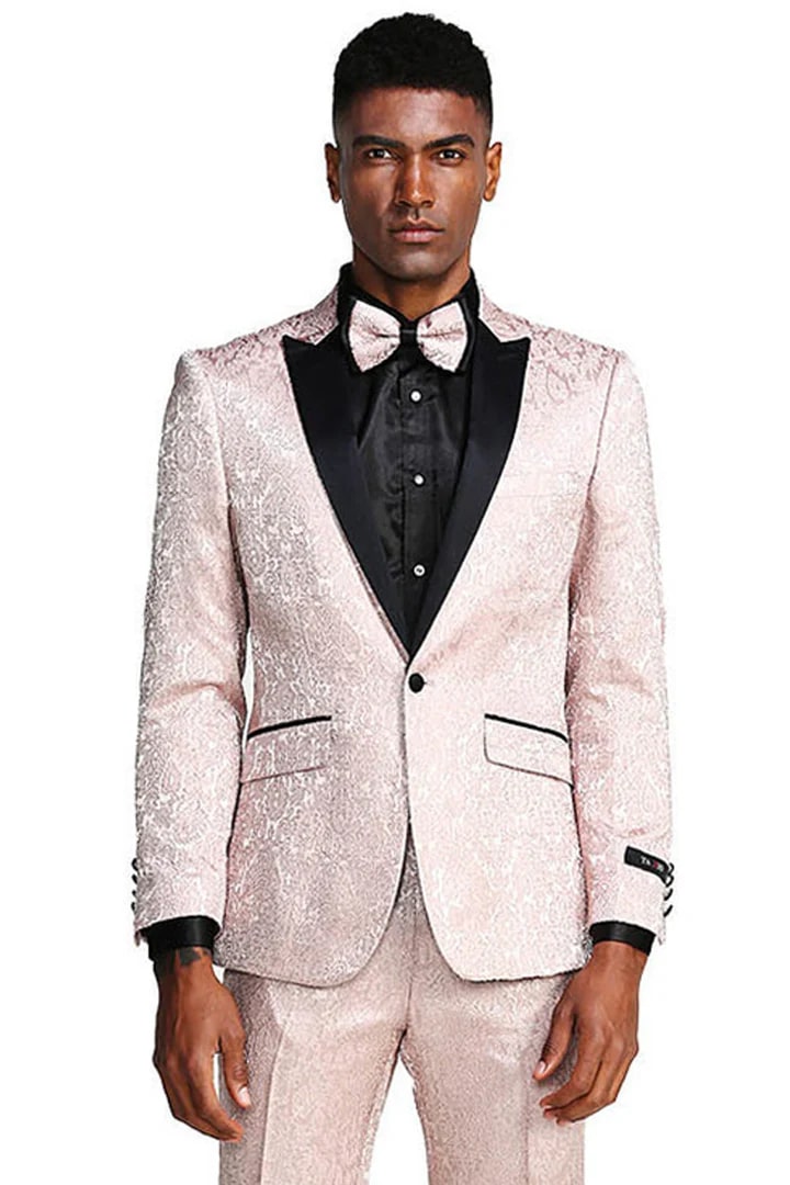 Cheap priced Suit- Men's One Button Slim Fit Paisley Wedding & Prom 2025 Blush Tuxedo - 38 Short Jacket+32 Waist Adjustable 28to34)(Height: 5 4 to5 7 )(Neck  15-16.5)S-M)