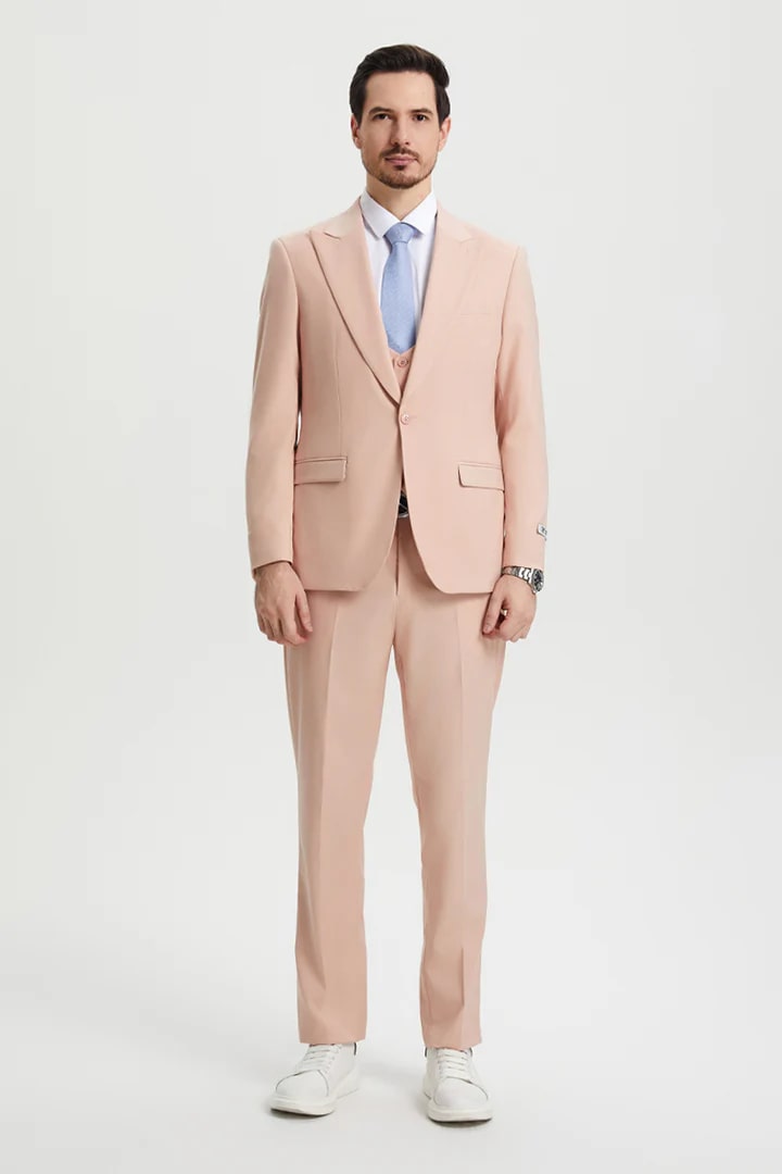 Cheap Priced Suit - Men's Vested One Button Peak Lapel Stacy Adams Designer Pink Suit - 38 Short Jacket+32 Waist Adjustable 28to34)(Height: 5 4 to5 7 )(Neck  15-16.5)S-M)
