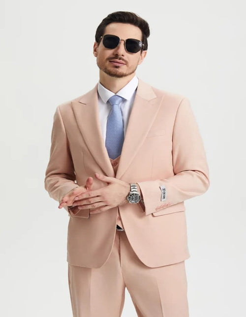 Men's Vested One Button Peak Lapel Stacy Adams Designer Blush  Suit pink
