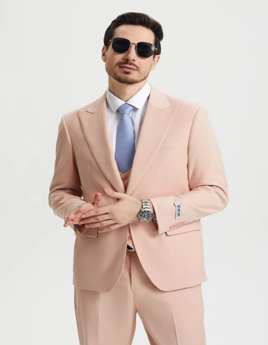 Men's Vested One Button Peak Lapel Stacy Adams Designer Blush Pink Suit - 38 Short Jacket+32 Waist Adjustable 28to34)(Height: 5 4 to5 7 )(Neck  15-16.5)S-M)