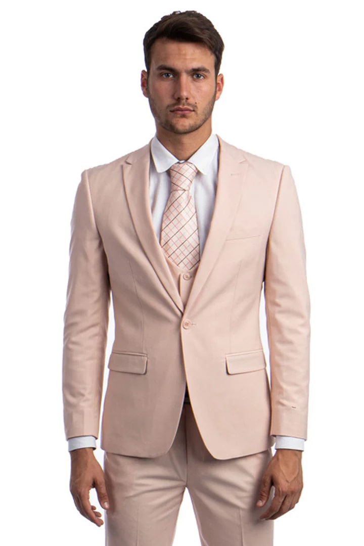 Cheap Suit - Men's One Button Peak Lapel Skinny Wedding & Prom Blush Suit With Lowcut Vest