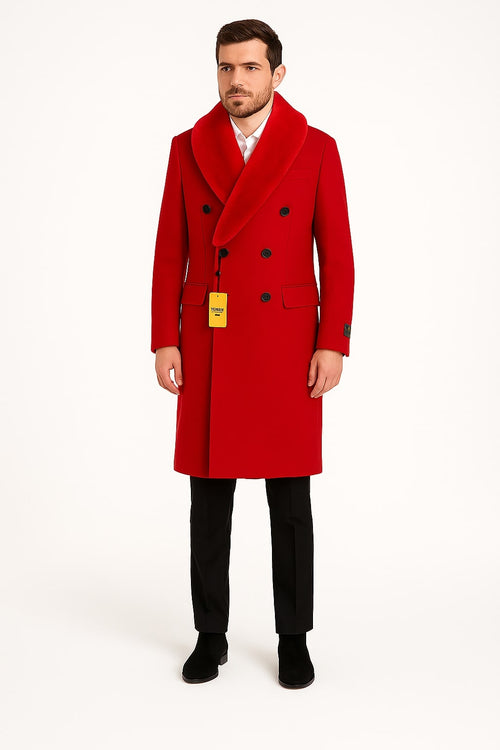 Mens Double Breasted Red Overcoat with Bold Red Faux Fur Collar â€“ Alberto Nardoni Luxury Winter Coat
