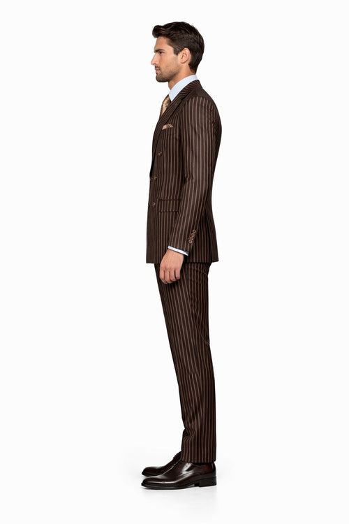 Men's Designer Double Breasted Wool Suit in Bold Brown Gangster Pinstripe.