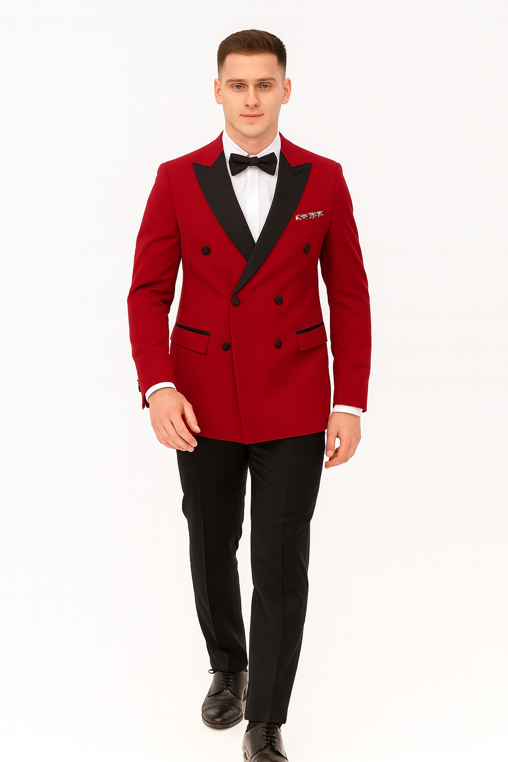 Double Breasted Tuxedo - Velvet Dinner Jacket with Pants in Color Red - Coat Size 38