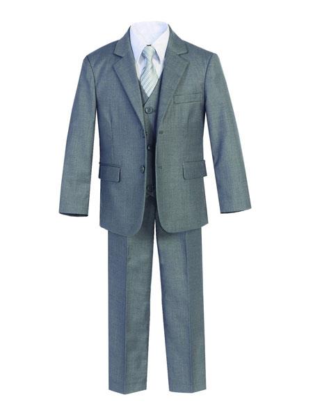 Kids Boys Two Buttons Gray 5 Piece Set Formal Cotton Blend Suit Perfect for wedding attire outfits - Toddler Suit - Boy Size : 2