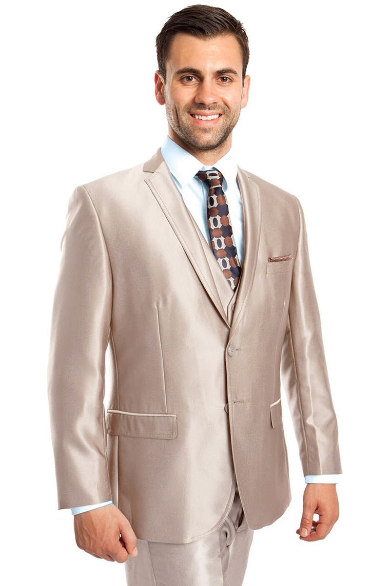 "Sharkskin Wedding Suit for Men - Two Button Vested, Champagne Light Tan"