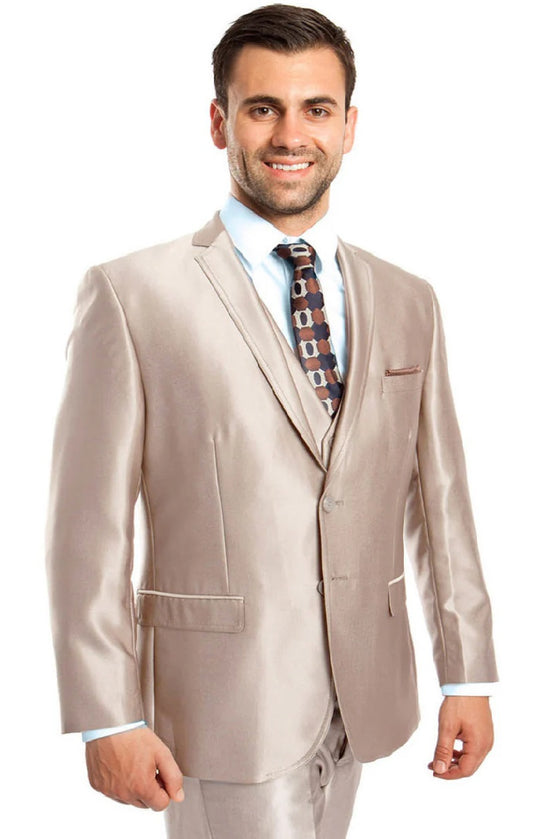 "Sharkskin Wedding Suit for Men - Two Button Vested, Champagne Light Tan"