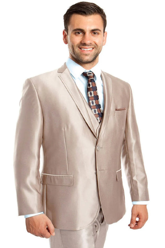 "Sharkskin Wedding Suit for Men - Two Button Vested, Champagne Light Tan" Champagne Prom Suits