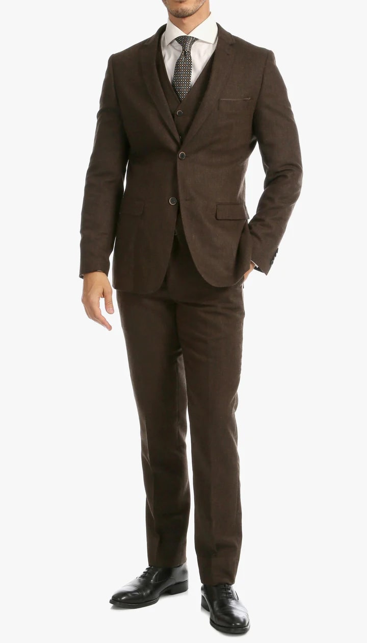 Bradford Cognac Slim Fit 3 Piece Tweed Suit - 38 Short Jacket+32 Waist Adjustable 28to34)(Height: 5 4 to5 7 )(Neck  15-16.5)S-M)