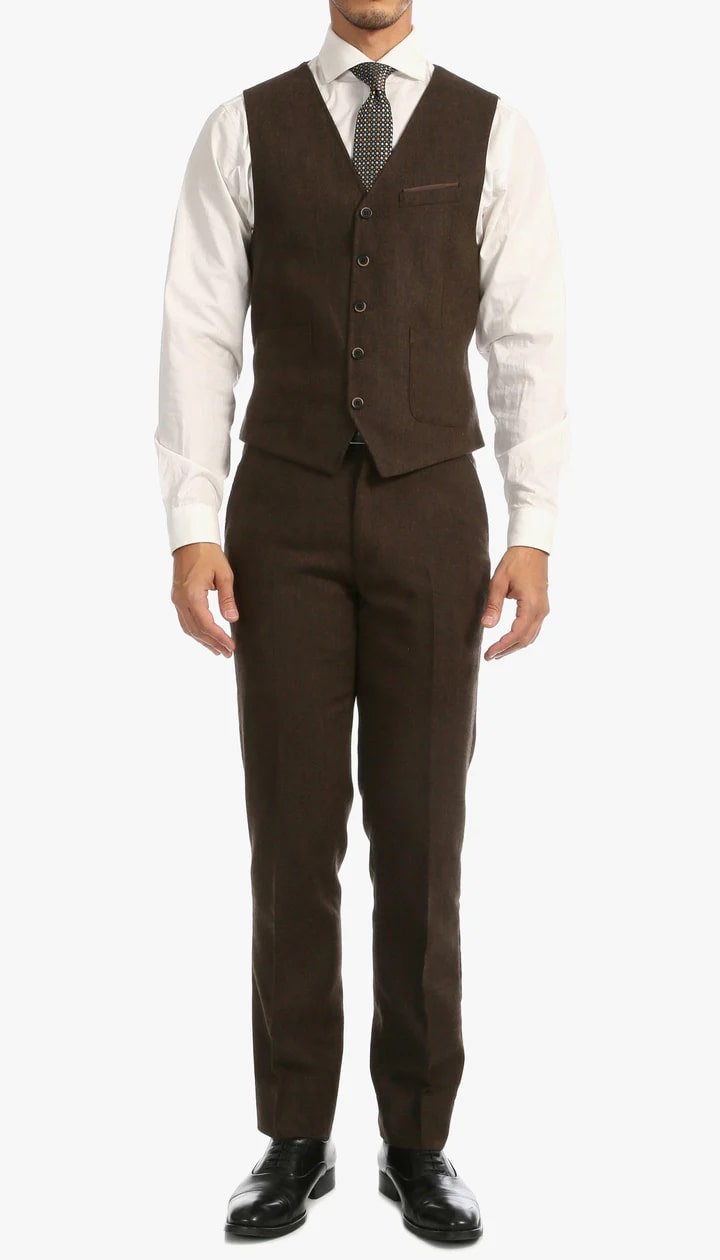 Bradford Cognac Slim Fit 3 Piece Tweed Suit - 38 Short Jacket+32 Waist Adjustable 28to34)(Height: 5 4 to5 7 )(Neck  15-16.5)S-M)