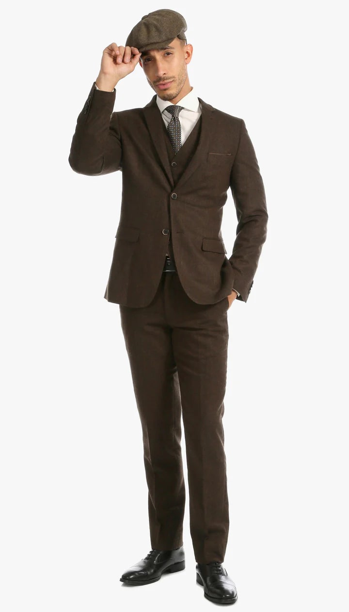 Bradford Cognac Slim Fit 3 Piece Tweed Suit - 38 Short Jacket+32 Waist Adjustable 28to34)(Height: 5 4 to5 7 )(Neck  15-16.5)S-M)
