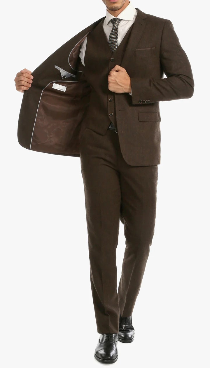 Bradford Cognac Slim Fit 3 Piece Tweed Suit - 38 Short Jacket+32 Waist Adjustable 28to34)(Height: 5 4 to5 7 )(Neck  15-16.5)S-M)