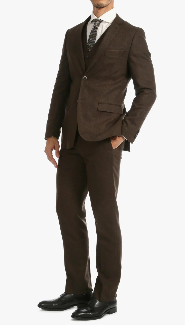 Bradford Cognac Slim Fit 3 Piece Tweed Suit - 38 Short Jacket+32 Waist Adjustable 28to34)(Height: 5 4 to5 7 )(Neck  15-16.5)S-M)