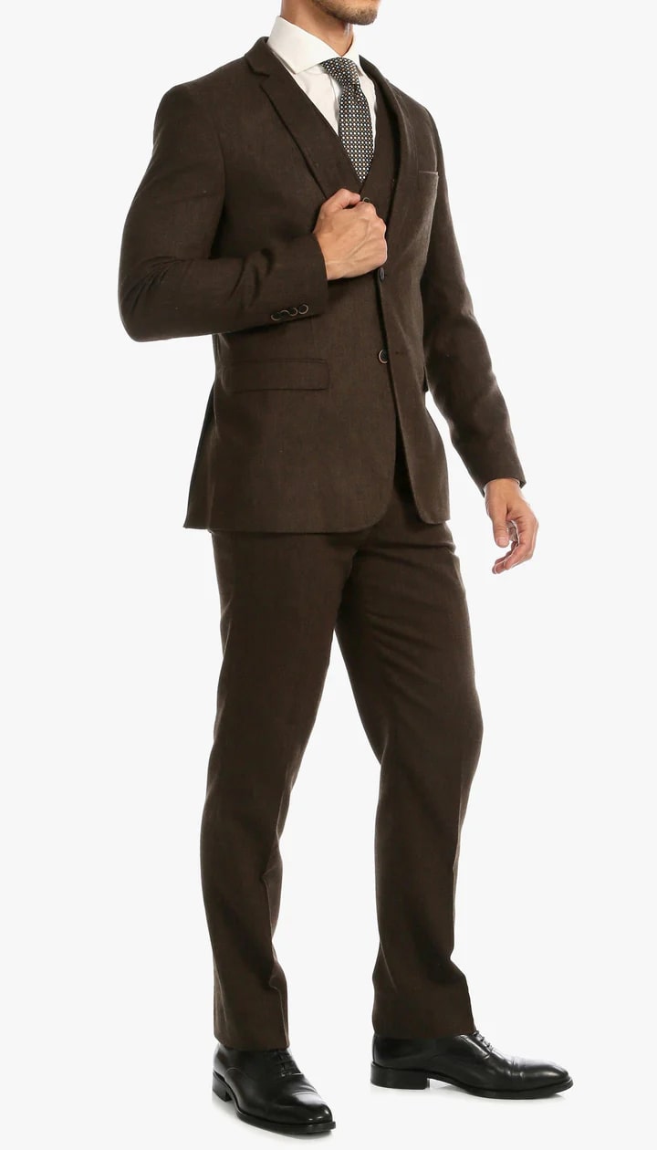 Bradford Cognac Slim Fit 3 Piece Tweed Suit - 38 Short Jacket+32 Waist Adjustable 28to34)(Height: 5 4 to5 7 )(Neck  15-16.5)S-M)