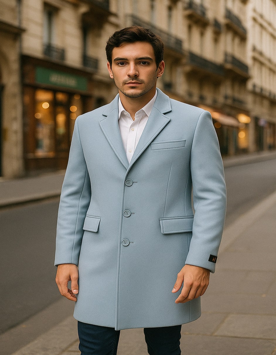 Men’s Light Blue Wool Overcoat – Classic Single-Breasted Long Coat - Sky Blue Carcoat Wool Fabric - Coat Size 38