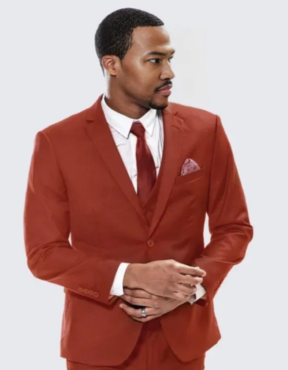 Brick Red Skinny Fit Suit Three Piece Set - Wedding - Prom