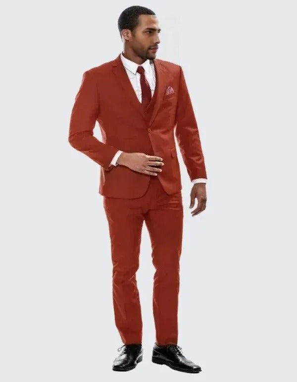 Brick Red Skinny Fit Suit Three Piece Set - Wedding - Prom 2025 - 34 Short or Extra Small