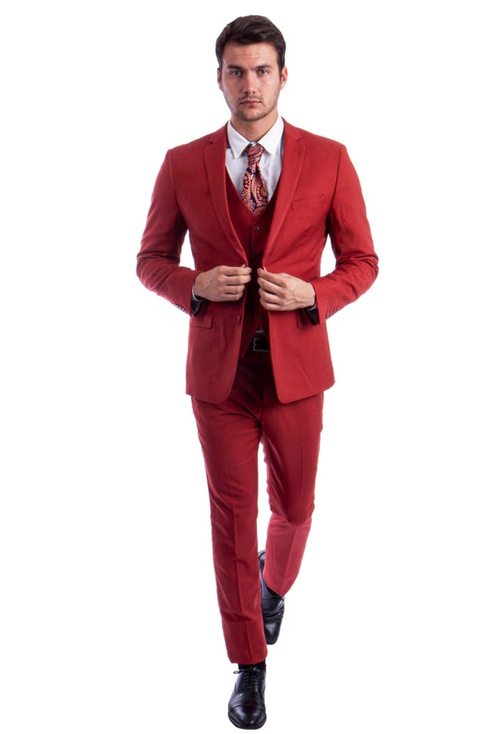 Cheap Priced Suit- Men's Two Button Slim Fit Vested Solid Basic Color Brick Suit