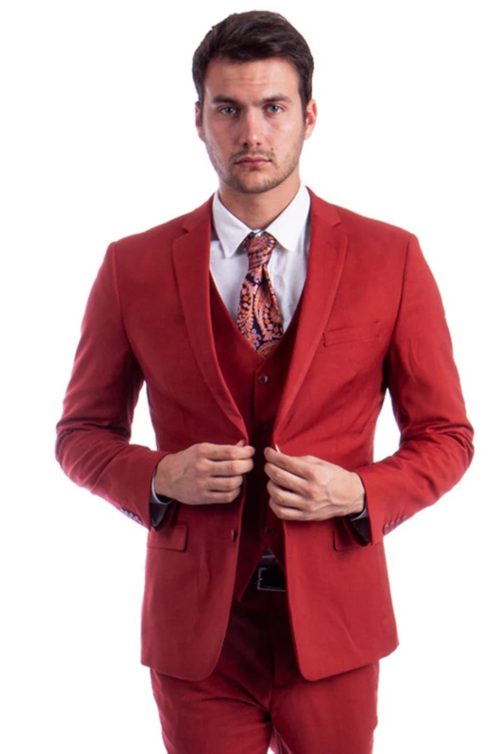 Cheap Suit - Men's Two Button Slim Fit Vested Solid Basic Color Brick Suit