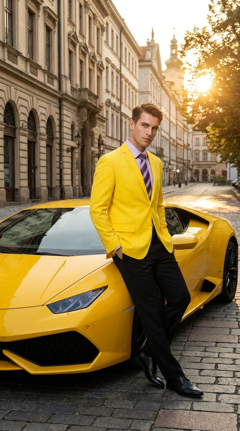 Mens Bright Yellow Blazer Classic Two Button Formal Sport Coat for Wedding, Party and Statement Wear - 38 Short Jacket+32 Waist Adjustable 28to34)(Height: 5 4 to5 7 )(Neck  15-16.5)S-M)