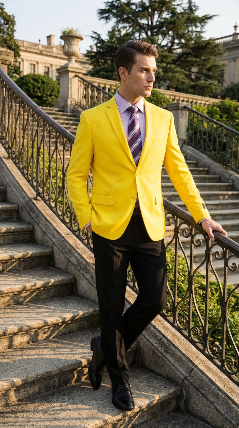 Mens Bright Yellow Blazer Classic Two Button Formal Sport Coat for Wedding, Party and Statement Wear - 38 Short Jacket+32 Waist Adjustable 28to34)(Height: 5 4 to5 7 )(Neck  15-16.5)S-M)