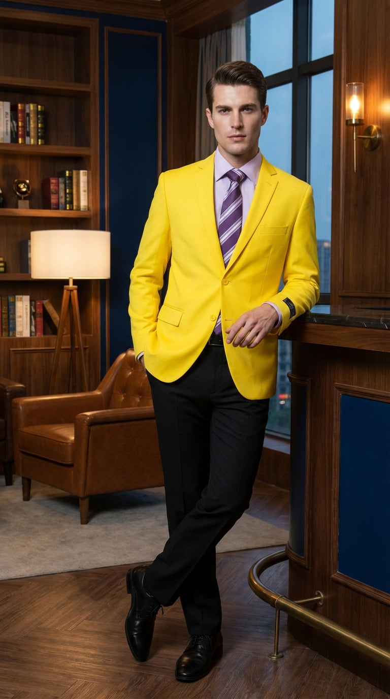 Mens Bright Yellow Blazer Classic Two Button Formal Sport Coat for Wedding, Party and Statement Wear - 38 Short Jacket+32 Waist Adjustable 28to34)(Height: 5 4 to5 7 )(Neck  15-16.5)S-M)