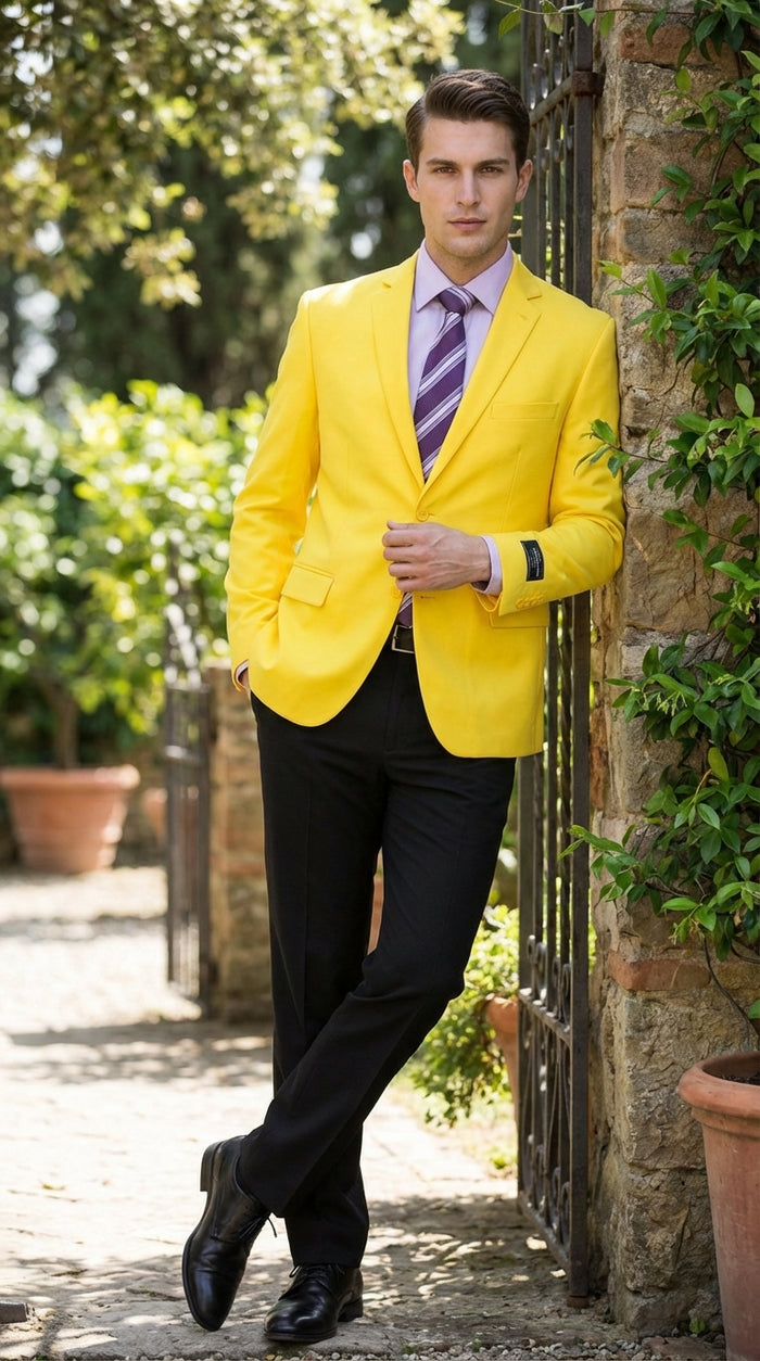 Mens Bright Yellow Blazer Classic Two Button Formal Sport Coat for Wedding, Party and Statement Wear