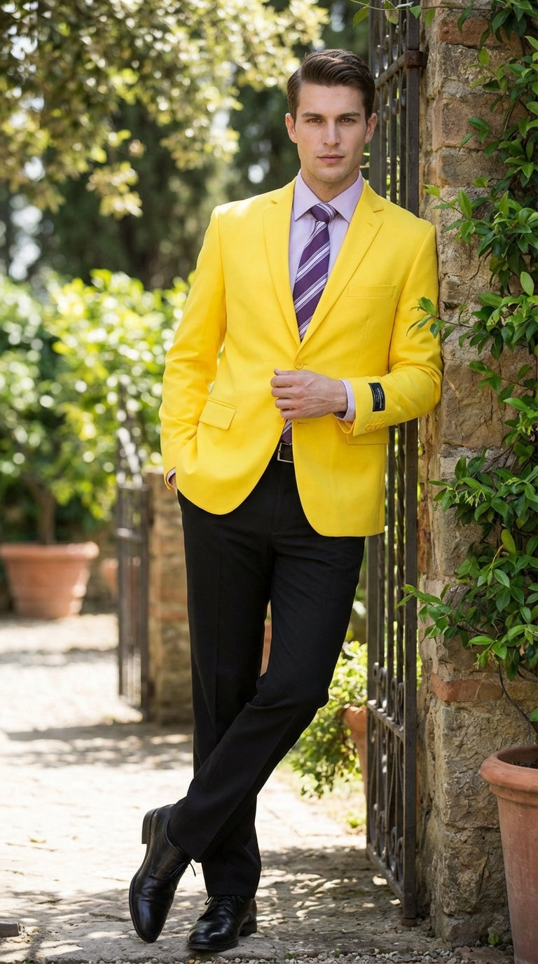 Mens Bright Yellow Blazer Classic Two Button Formal Sport Coat for Wedding, Party and Statement Wear