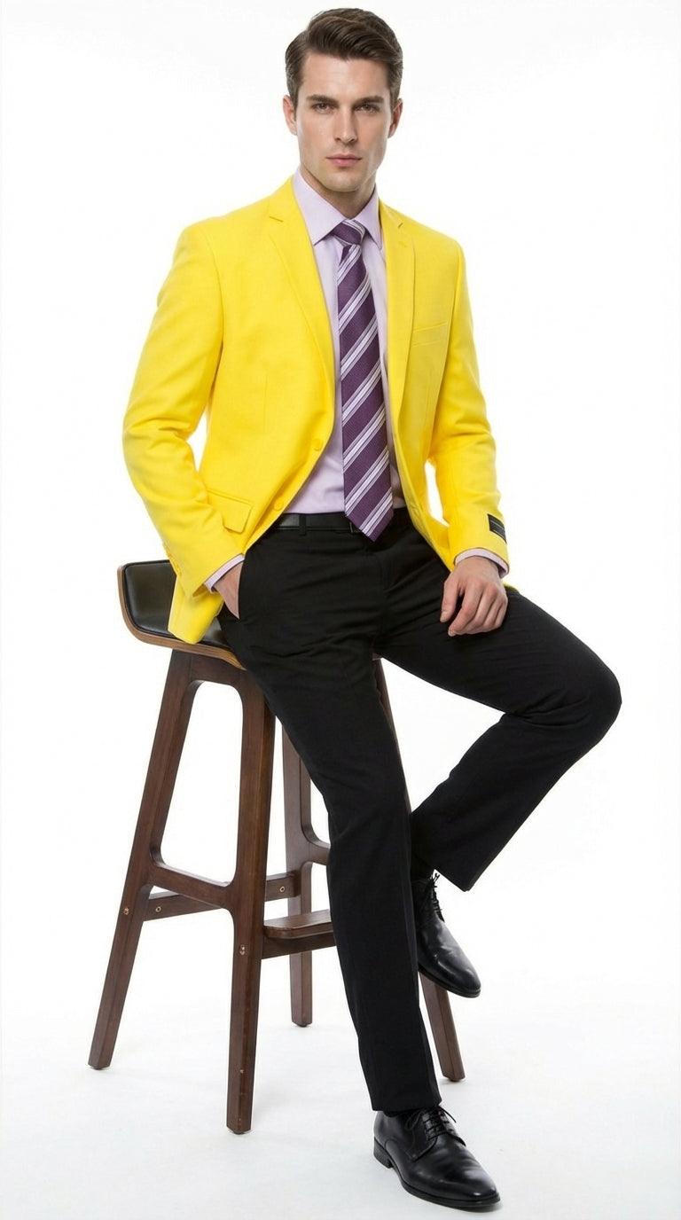 Mens Bright Yellow Blazer Classic Two Button Formal Sport Coat for Wedding, Party and Statement Wear - 38 Short Jacket+32 Waist Adjustable 28to34)(Height: 5 4 to5 7 )(Neck  15-16.5)S-M)