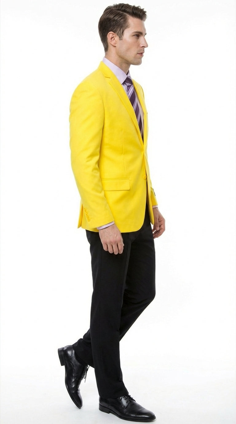 Mens Bright Yellow Blazer Classic Two Button Formal Sport Coat for Wedding, Party and Statement Wear - 38 Short Jacket+32 Waist Adjustable 28to34)(Height: 5 4 to5 7 )(Neck  15-16.5)S-M)