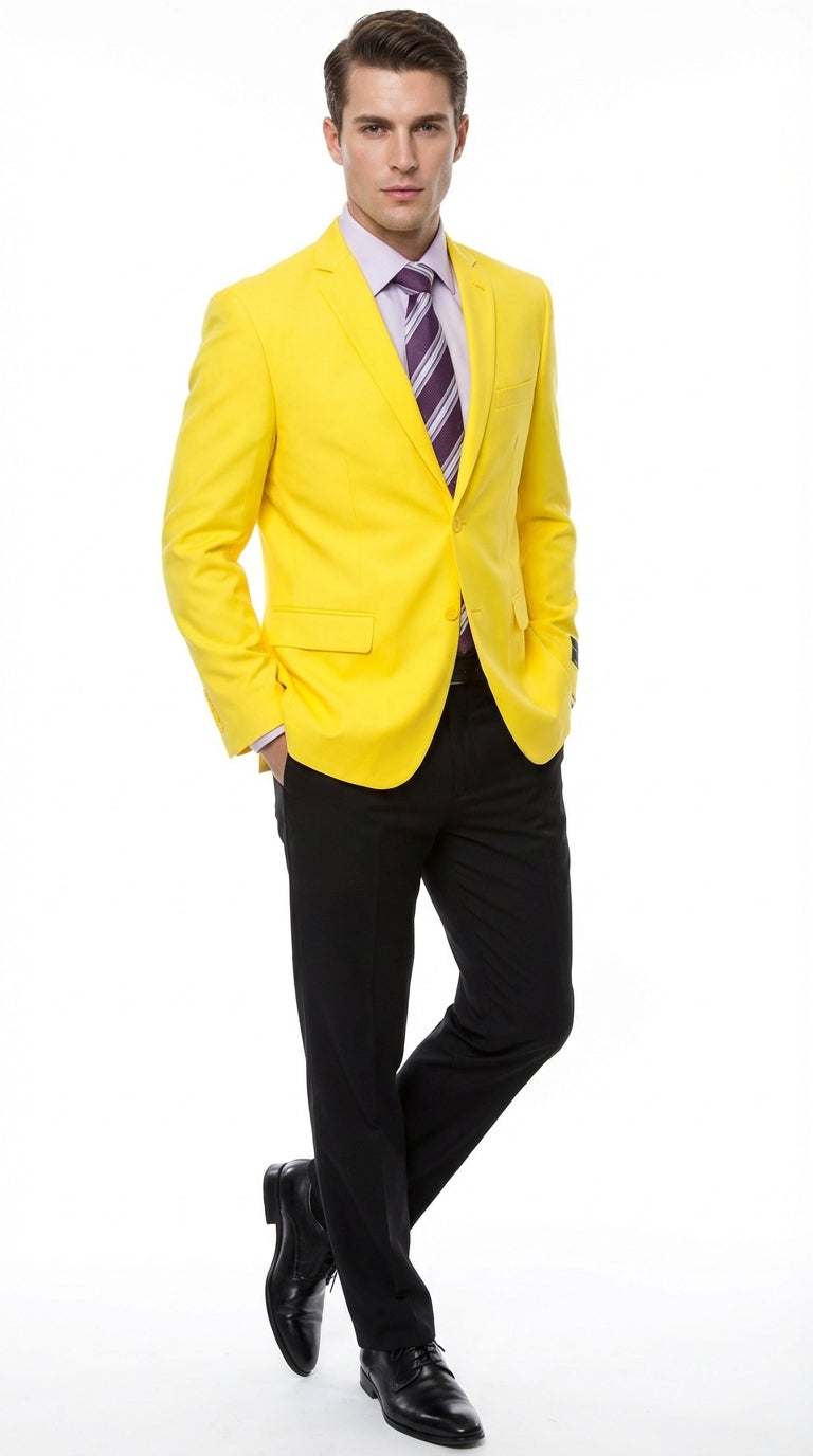 Mens Bright Yellow Blazer Classic Two Button Formal Sport Coat for Wedding, Party and Statement Wear