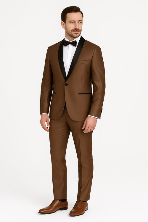Mens Bronze Satin Shawl Lapel Tuxedo Suit Light Brown Coffee Color