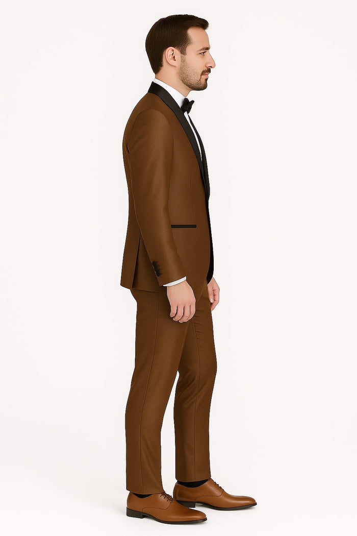 Mens Bronze Satin Shawl Lapel Tuxedo Suit Light Brown Coffee Color