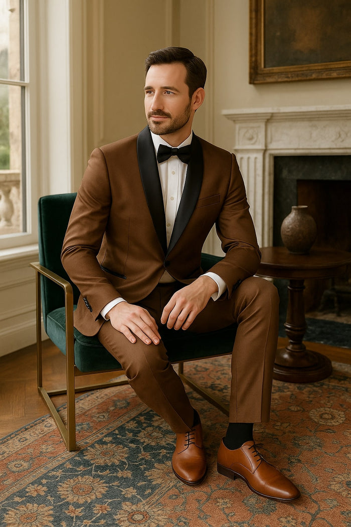 Mens Bronze Satin Shawl Lapel Tuxedo Suit Light Brown Coffee Color