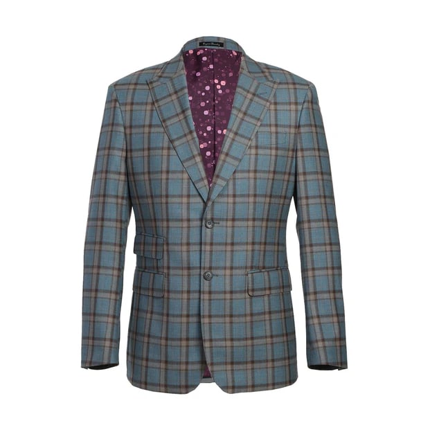 English Laundry Suits  Designer Brand - Wool Stretch Double Breasted Slim Fit Blue Grey and Bronze Suit By English Laundry - Coat Size 38