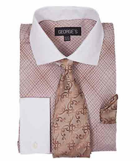 Brown French Cuff Mini Plaid/Checks Shirt With Tie And Handkerchief White Collar Two Toned Contrast Men's Dress Shirt