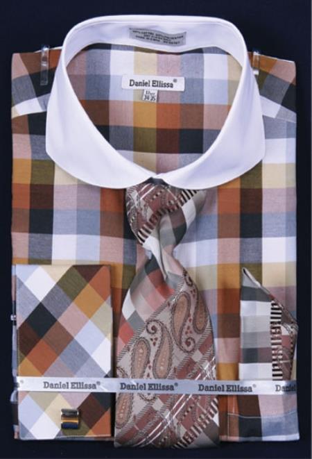 French Cuff Set White Collar Two Toned Contrast Bright Checker Brown Plaid ~ Windowpane Men's Dress Shirt - Large 16.5" Neck / 36-37" sleeve
