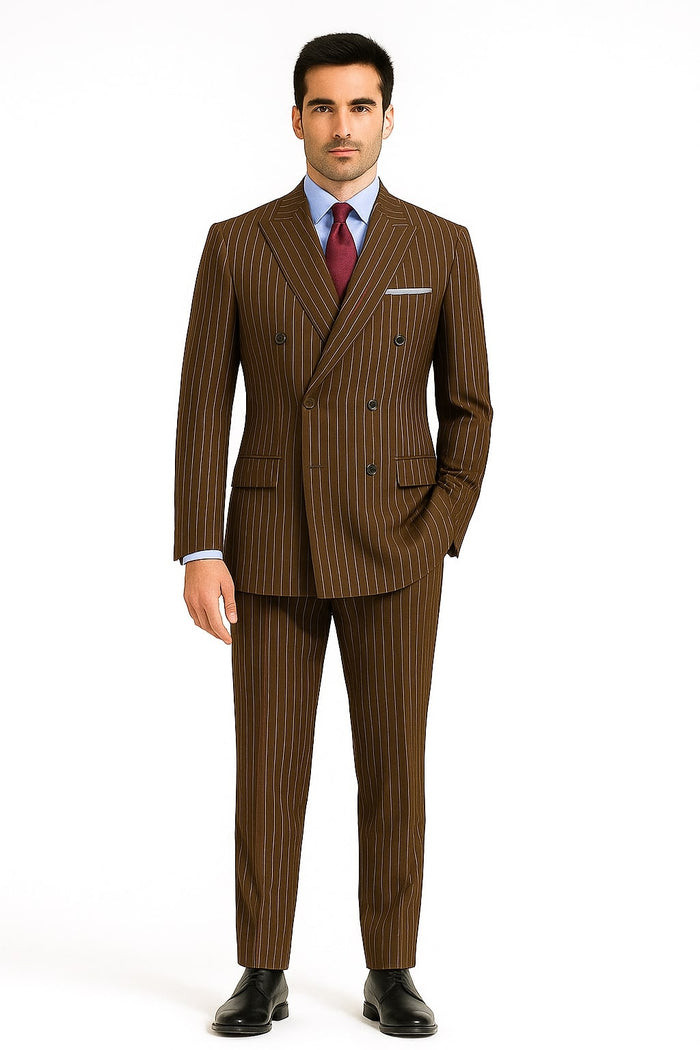 Mens Brown Pinstripe Double-Breasted Suit Classic 6-Button Business and Vintage Style