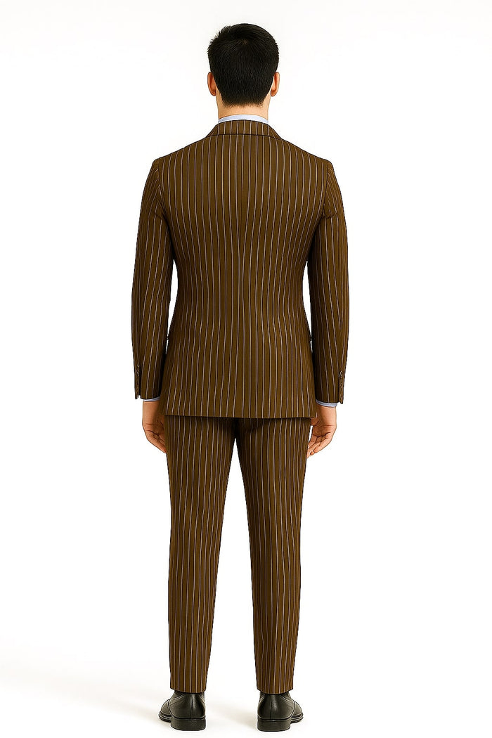 Mens Brown Pinstripe Double-Breasted Suit Classic 6-Button Business and Vintage Style