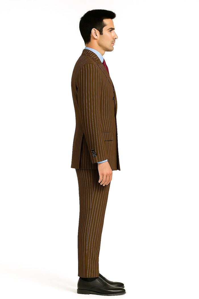 Mens Brown Pinstripe Double-Breasted Suit Classic 6-Button Business and Vintage Style