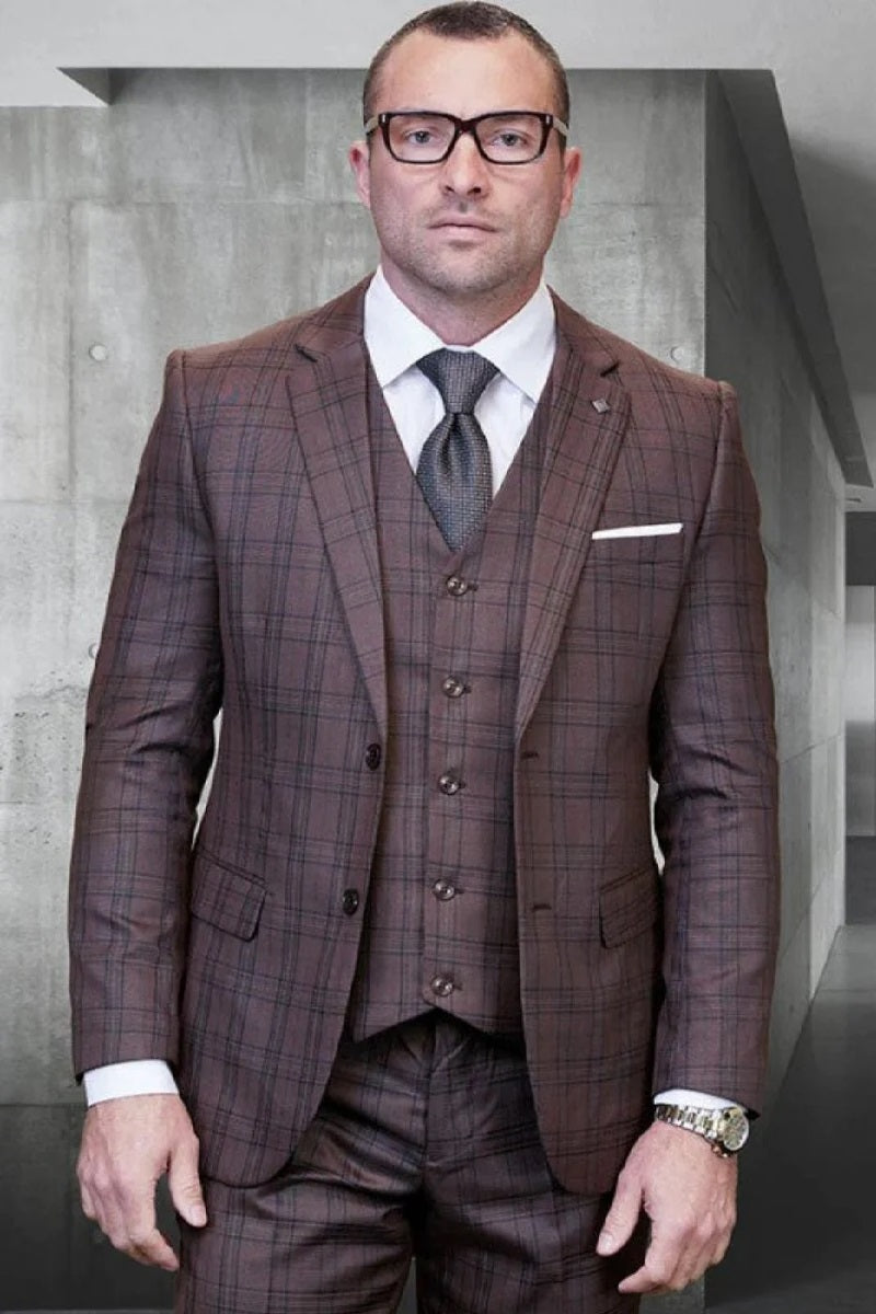 Big and Tall Suit - Brown Plaid Big and Tall 3 PC Suit - 34 Short or Extra Small