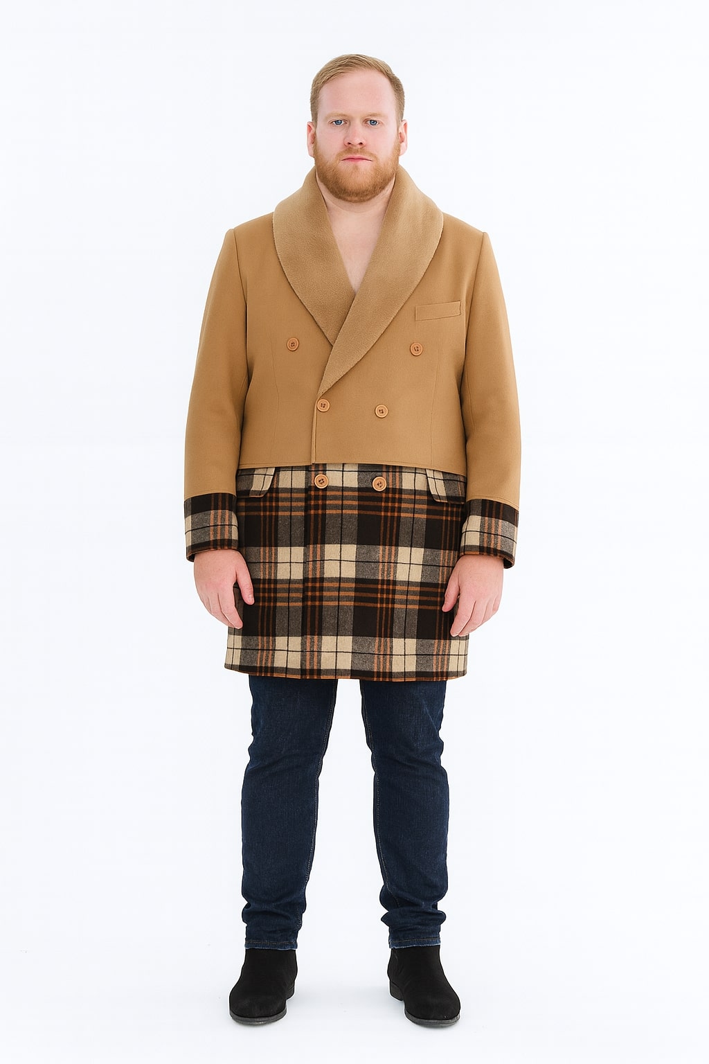 Mens Camel Brown Shawl Collar Overcoat with Plaid Wool Bottom â€“ Double-Breasted Winter Topcoat With Fur Collar - Coat Size 38