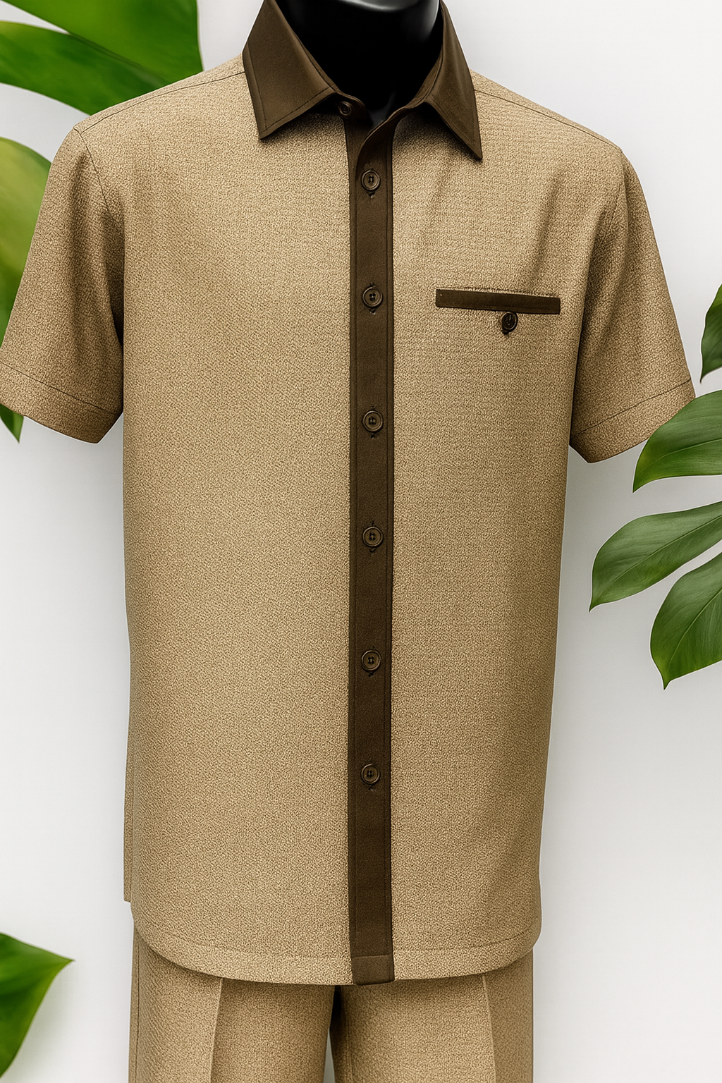 Mens Brown Tan Houndstooth Short Sleeve Walking Suit - S