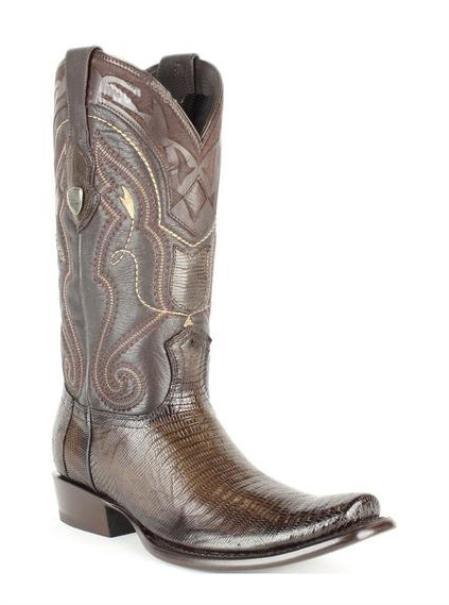 Men’s Wild West Burnished Brown Teju Lizard Square Toe Cowboy Boots, Genuine Leather Dress Western Boots