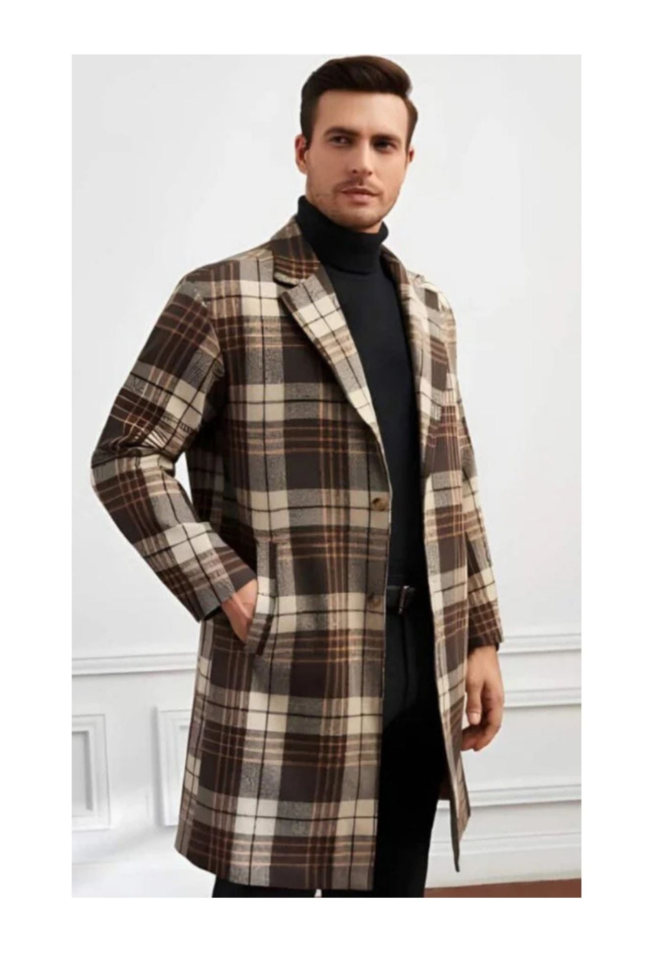 Brown Topcoat and Camel Mixed Color Plaid Pattern 100% Wool Overcoat