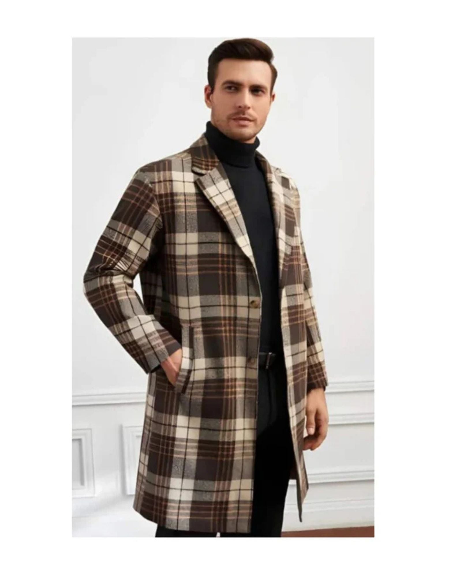 Brown Topcoat and Camel Mixed Color Plaid Pattern 100% Wool Overcoat