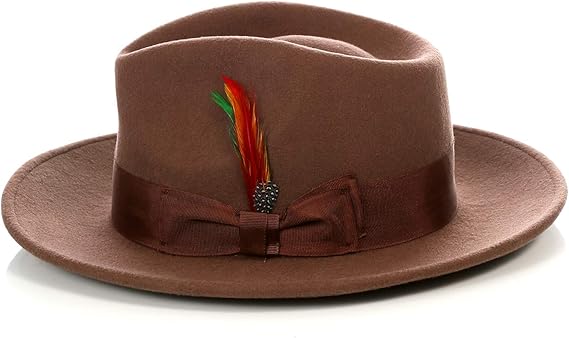 Gangster 100% Austrailian Wool Crushable Mens Fedora Hat - Removable Feather Gangster Brown Mens Fedora Hat - Small