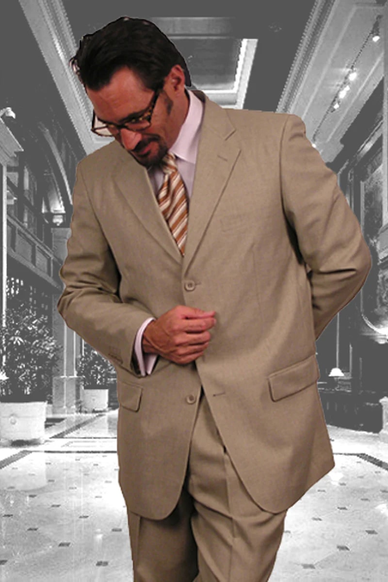 Mens Classic 3 button 2 Piece Suit in Tan - 38 Short Jacket+32 Waist Adjustable 28to34)(Height: 5 4 to5 7 )(Neck  15-16.5)S-M)