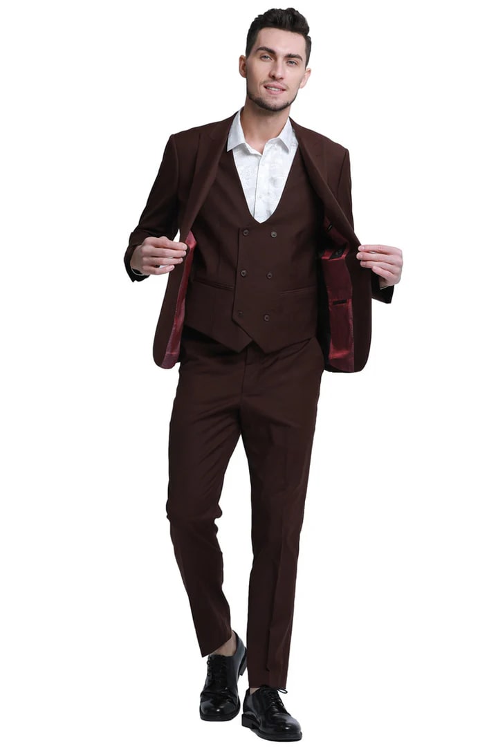 Cheap Suit - Men's Slim Fit One Button Peak Lapel Low Cut Double Breasted Vest Wedding Brown Suit