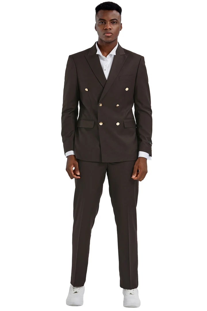 Cheap Suit - Men's Slim Fit Double Breasted Wedding Brown Suit With Gold Buttons